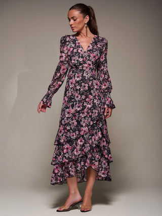 Long Sleeve Ruffle Hem Mesh Maxi Dress, Black Pink Floral