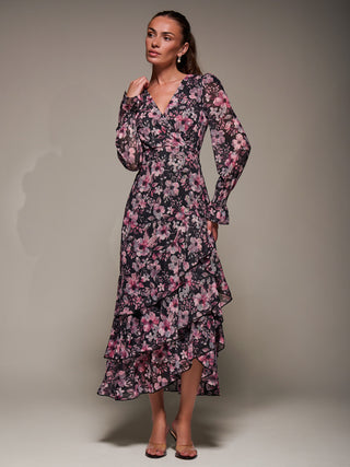 Long Sleeve Ruffle Hem Mesh Maxi Dress, Black Pink Floral