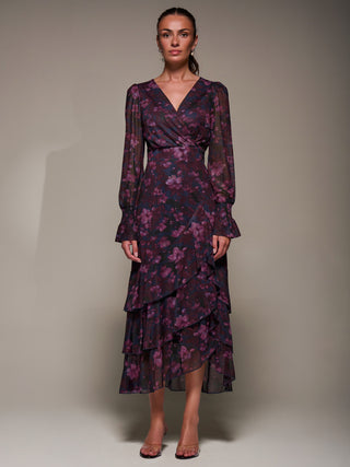 Long Sleeve Ruffle Hem Mesh Maxi Dress, Navy Floral