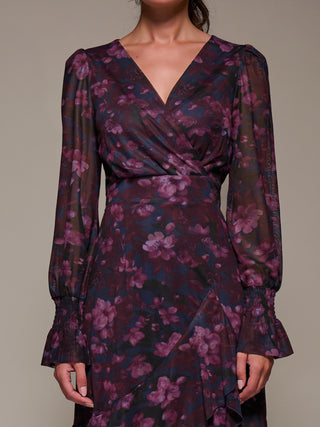 Long Sleeve Ruffle Hem Mesh Maxi Dress, Navy Floral