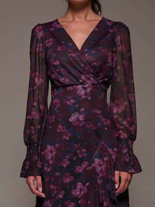 Long Sleeve Ruffle Hem Mesh Maxi Dress, Navy Floral