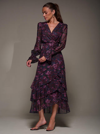 Long Sleeve Ruffle Hem Mesh Maxi Dress, Navy Floral