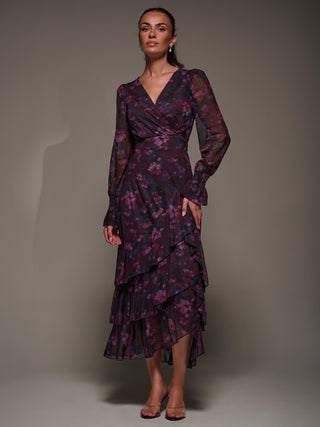 Long Sleeve Ruffle Hem Mesh Maxi Dress, Navy Floral
