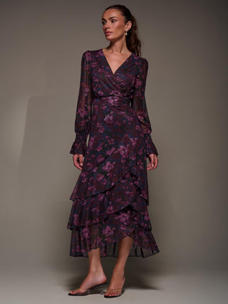 Long Sleeve Ruffle Hem Mesh Maxi Dress, Navy Floral