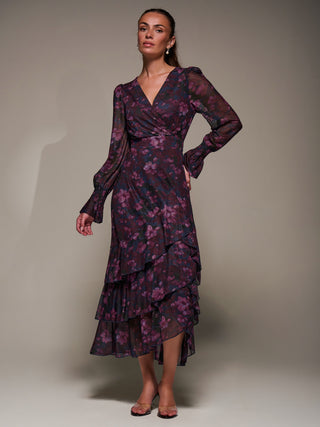 Long Sleeve Ruffle Hem Mesh Maxi Dress, Navy Floral