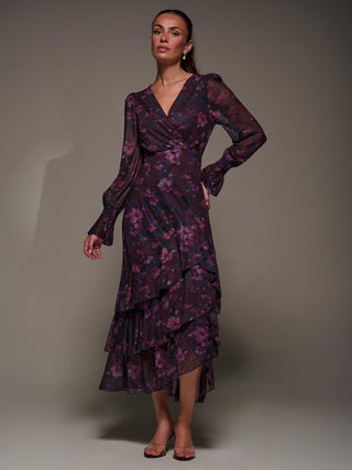 Long Sleeve Ruffle Hem Mesh Maxi Dress, Navy Floral