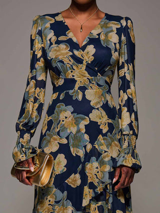 Long Sleeve Ruffle Hem Mesh Maxi Dress, Yellow Floral