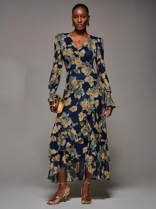 Long Sleeve Ruffle Hem Mesh Maxi Dress, Yellow Floral