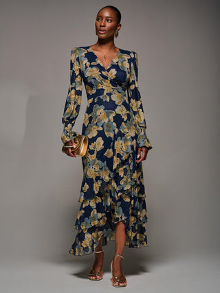 Long Sleeve Ruffle Hem Mesh Maxi Dress, Yellow Floral