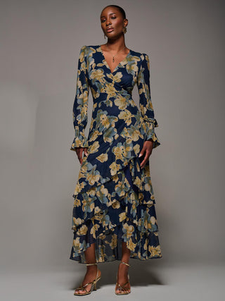 Long Sleeve Ruffle Hem Mesh Maxi Dress, Yellow Floral