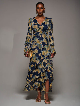 Long Sleeve Ruffle Hem Mesh Maxi Dress, Yellow Floral