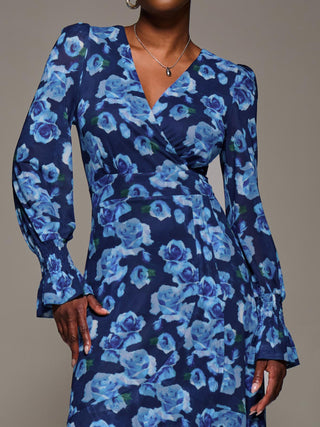 Ruffle Cuffed Sleeve Frill Mesh Maxi Dress, Blue Floral