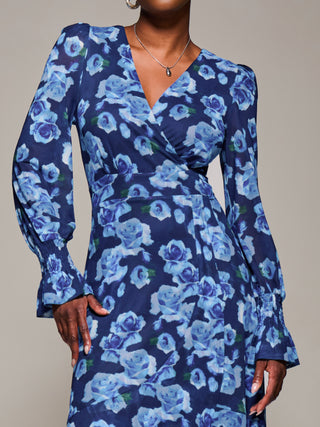 Ruffle Cuffed Sleeve Frill Mesh Maxi Dress, Blue Floral