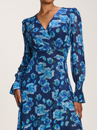 Ruffle Cuffed Sleeve Frill Mesh Maxi Dress, Blue Floral