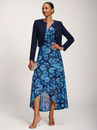 Ruffle Cuffed Sleeve Frill Mesh Maxi Dress, Blue Floral