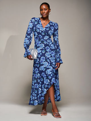Ruffle Cuffed Sleeve Frill Mesh Maxi Dress, Blue Floral