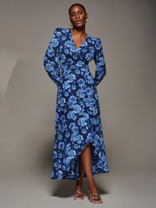 Ruffle Cuffed Sleeve Frill Mesh Maxi Dress, Blue Floral