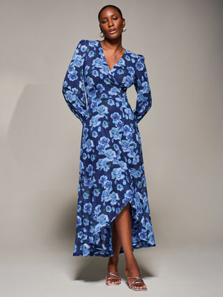 Ruffle Cuffed Sleeve Frill Mesh Maxi Dress, Blue Floral