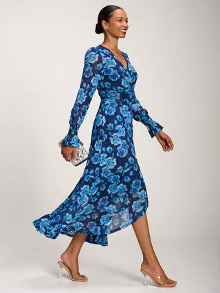 Ruffle Cuffed Sleeve Frill Mesh Maxi Dress, Blue Floral