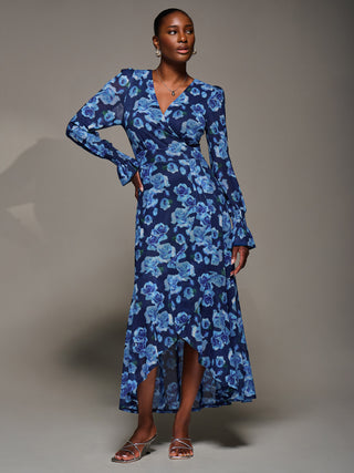 Ruffle Cuffed Sleeve Frill Mesh Maxi Dress, Blue Floral