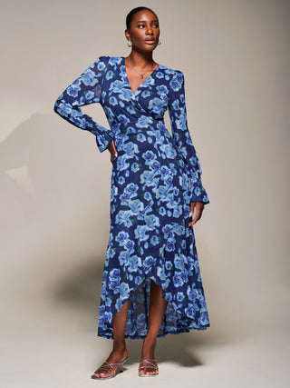 Ruffle Cuffed Sleeve Frill Mesh Maxi Dress, Blue Floral