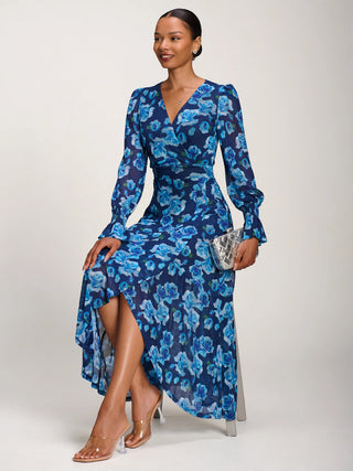 Ruffle Cuffed Sleeve Frill Mesh Maxi Dress, Blue Floral
