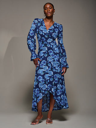 Ruffle Cuffed Sleeve Frill Mesh Maxi Dress, Blue Floral