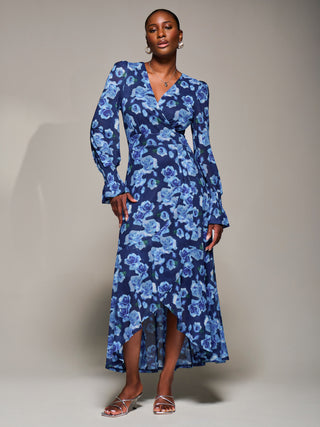 Ruffle Cuffed Sleeve Frill Mesh Maxi Dress, Blue Floral