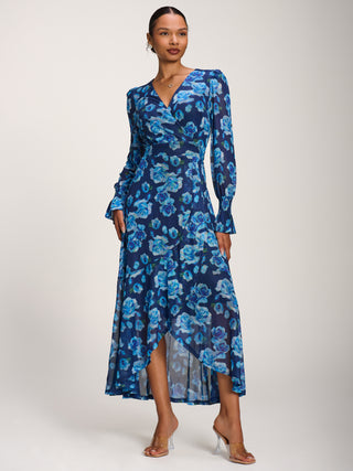 Ruffle Cuffed Sleeve Frill Mesh Maxi Dress, Blue Floral