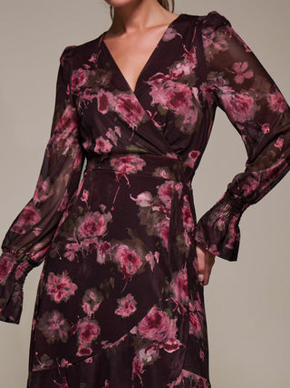 Ruffle Cuffed Sleeve Frill Mesh Maxi Dress, Burgundy Floral