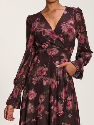 Ruffle Cuffed Sleeve Frill Mesh Maxi Dress, Burgundy Floral