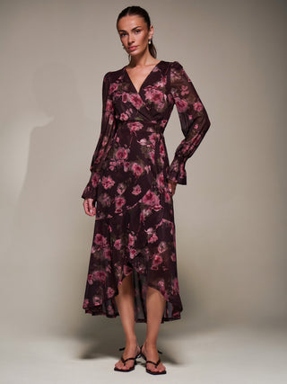 Ruffle Cuffed Sleeve Frill Mesh Maxi Dress, Burgundy Floral