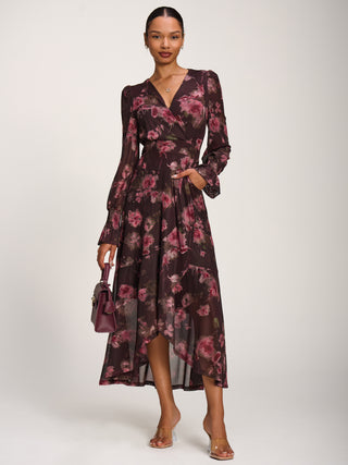 Ruffle Cuffed Sleeve Frill Mesh Maxi Dress, Burgundy Floral