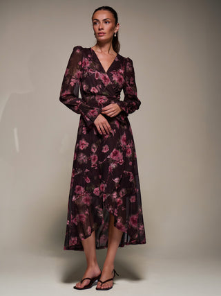 Ruffle Cuffed Sleeve Frill Mesh Maxi Dress, Burgundy Floral