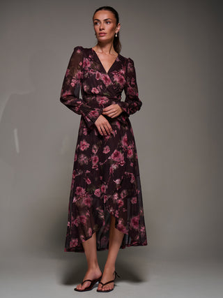 Ruffle Cuffed Sleeve Frill Mesh Maxi Dress, Burgundy Floral