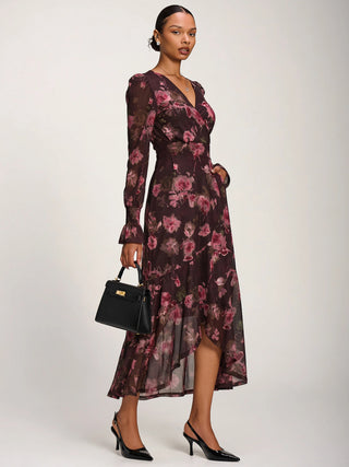 Ruffle Cuffed Sleeve Frill Mesh Maxi Dress, Burgundy Floral