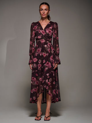 Ruffle Cuffed Sleeve Frill Mesh Maxi Dress, Burgundy Floral