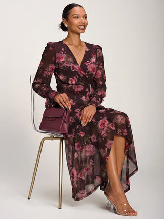 Ruffle Cuffed Sleeve Frill Mesh Maxi Dress, Burgundy Floral