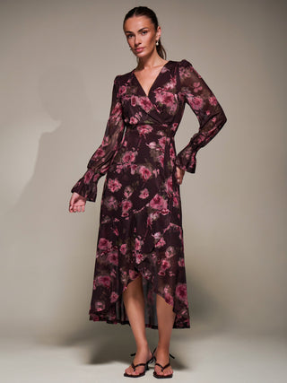 Ruffle Cuffed Sleeve Frill Mesh Maxi Dress, Burgundy Floral