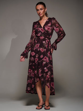 Ruffle Cuffed Sleeve Frill Mesh Maxi Dress, Burgundy Floral