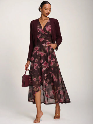 Ruffle Cuffed Sleeve Frill Mesh Maxi Dress, Burgundy Floral