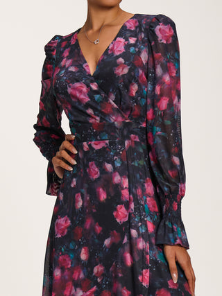 Ruffle Cuffed Sleeve Frill Mesh Maxi Dress, Pink Floral