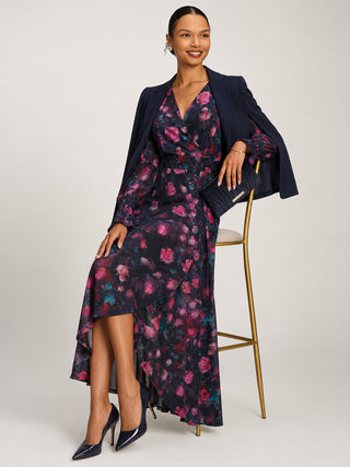 Ruffle Cuffed Sleeve Frill Mesh Maxi Dress, Pink Floral