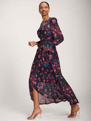 Ruffle Cuffed Sleeve Frill Mesh Maxi Dress, Pink Floral