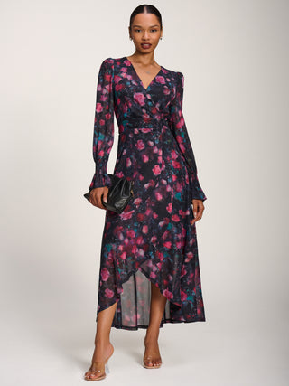 Ruffle Cuffed Sleeve Frill Mesh Maxi Dress, Pink Floral