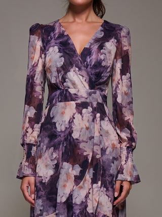 Ruffle Cuffed Sleeve Frill Mesh Maxi Dress, Purple Floral