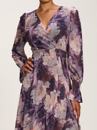 Ruffle Cuffed Sleeve Frill Mesh Maxi Dress, Purple Floral