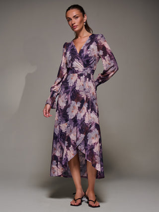 Ruffle Cuffed Sleeve Frill Mesh Maxi Dress, Purple Floral