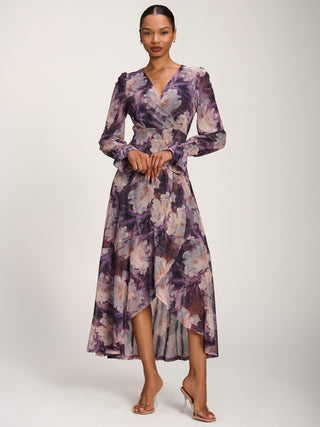 Ruffle Cuffed Sleeve Frill Mesh Maxi Dress, Purple Floral