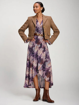 Ruffle Cuffed Sleeve Frill Mesh Maxi Dress, Purple Floral